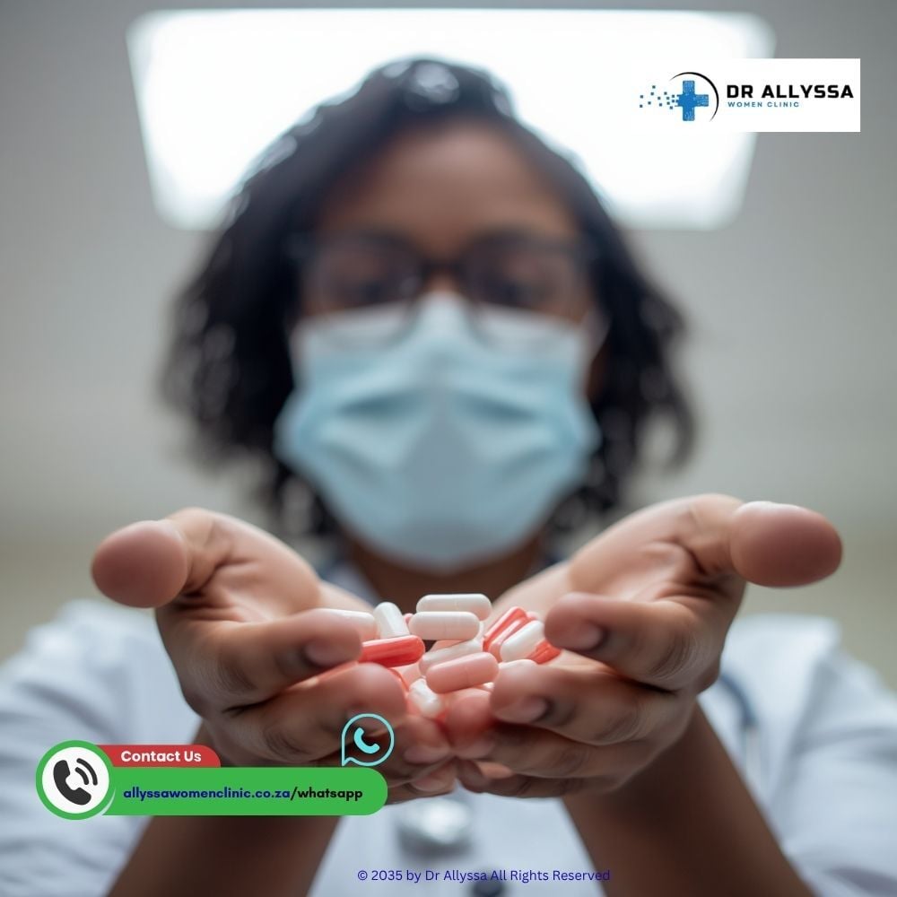 A close-up of a medical professionals hands holding abortion pills in a clinical setting.-1
