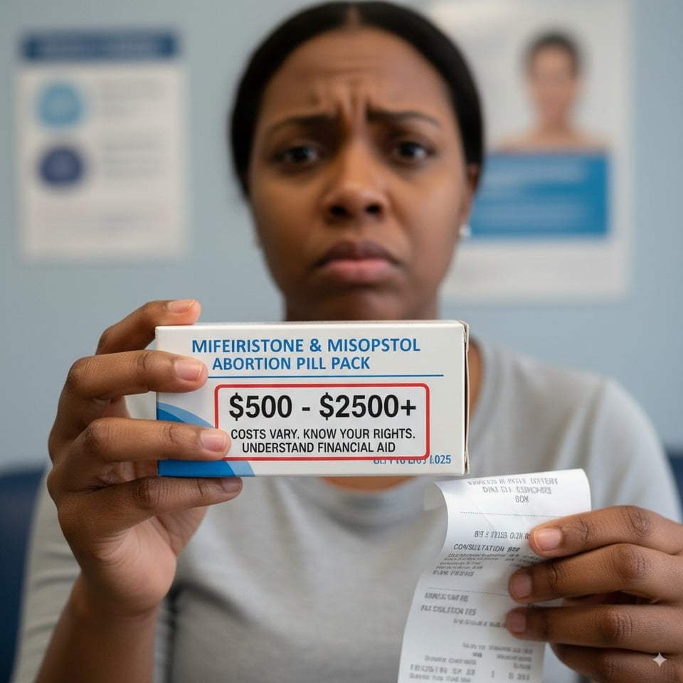 A close-up of a person holding an abortion pill pack with a concerned expression on their face, signifying the importance of understanding the costs involved