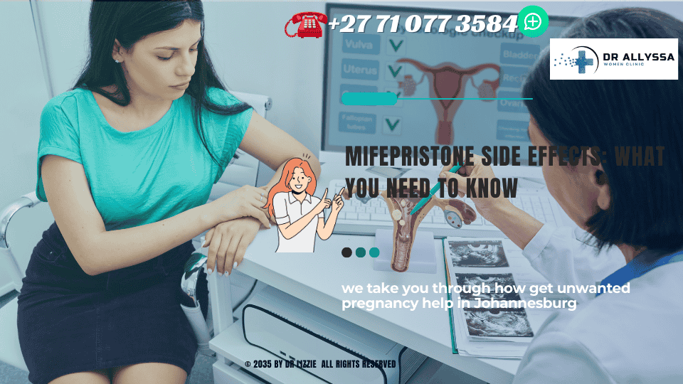 A concerned woman consulting with a healthcare provider about mifepristone side effects.
