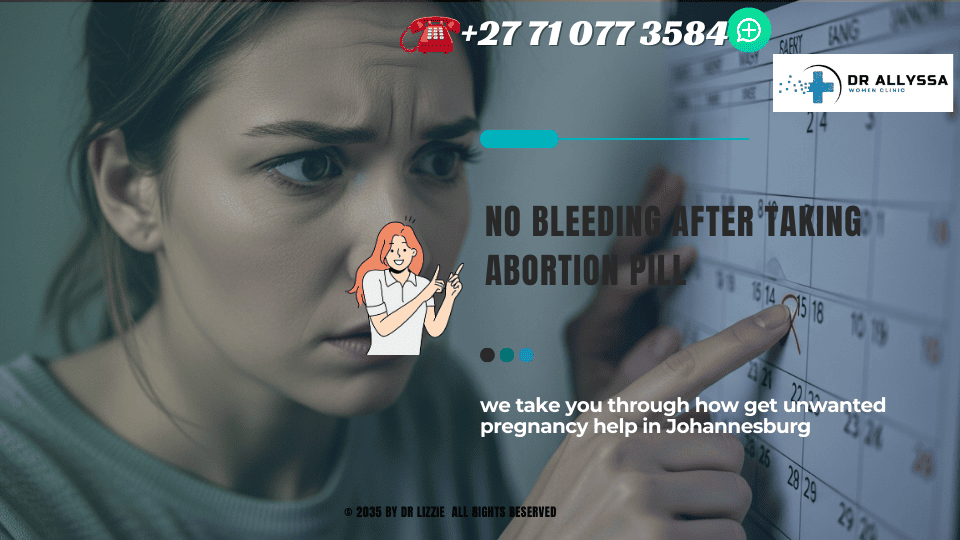 A concerned woman looking at a calendar, indicating her worry about the lack of bleeding after taking the abortion pill.