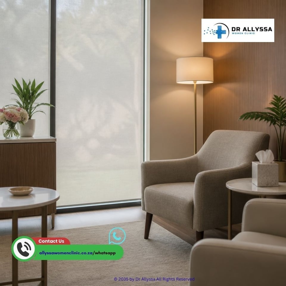 A peaceful, private consultation room in a womens health clinic with soft lighting and comfortable seating, conveying safety, confidentiality, and professional care