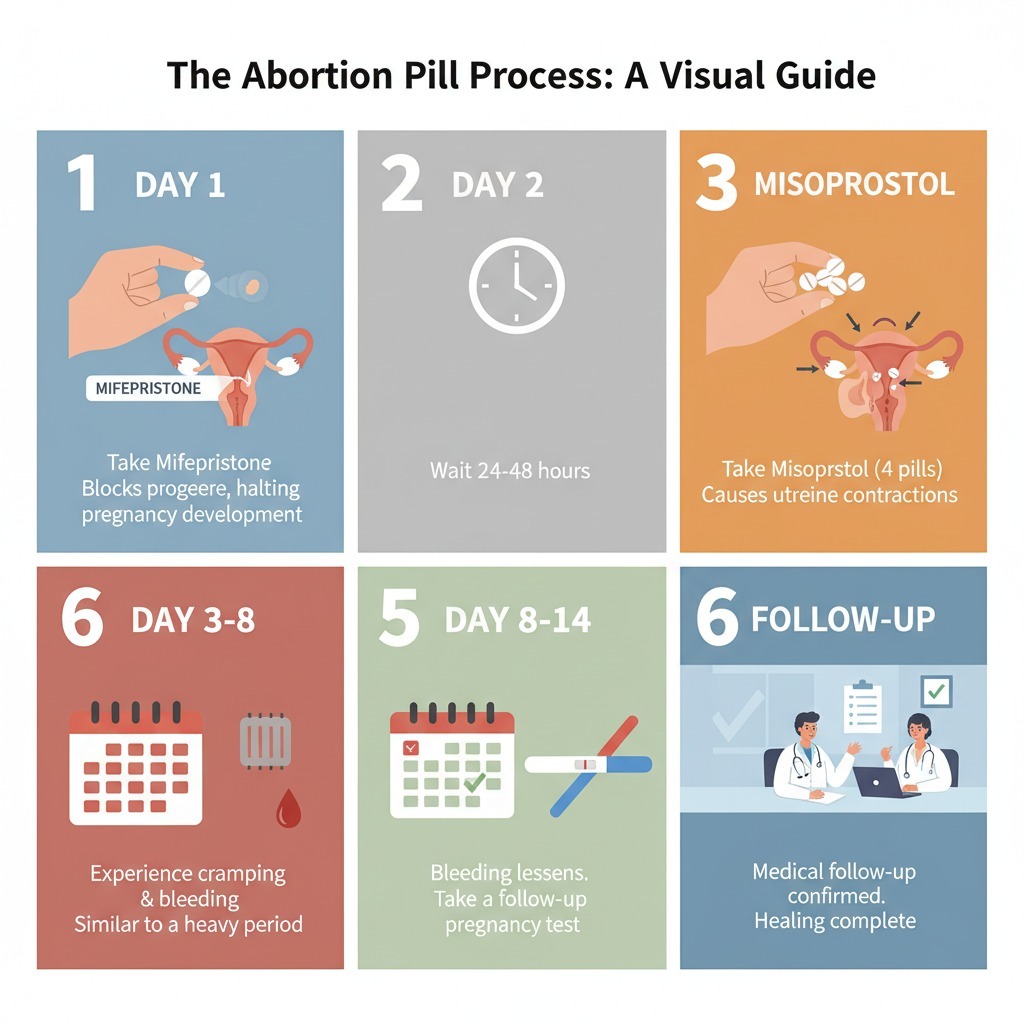 A visual representation of the abortion pill process, showing each days progression.