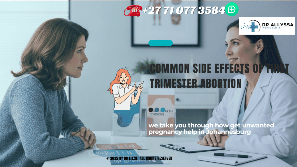 A woman consulting with a healthcare professional, discussing options and potential side effects of first trimester abortion.