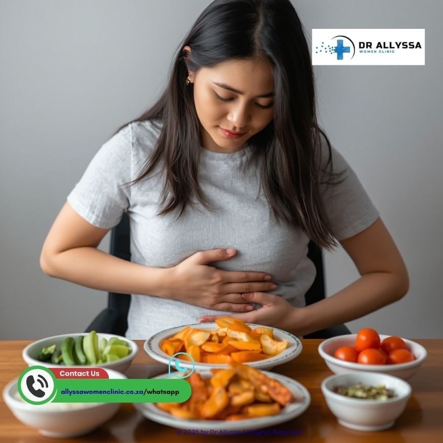 A woman holding her stomach, sitting at a table with a variety of foods, symbolizing the importance of dietary choices after an abortion.