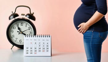 A clock and calendar overlayed on an image of a pregnant person, symbolizing the importance of time and gestational age in abortion decisions.