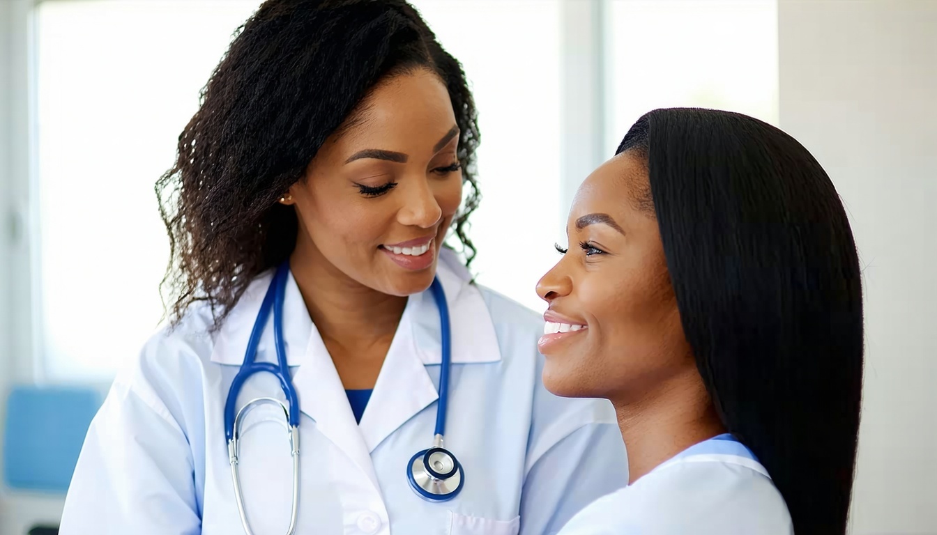 A compassionate healthcare professional providing support to a woman in a clinical setting.