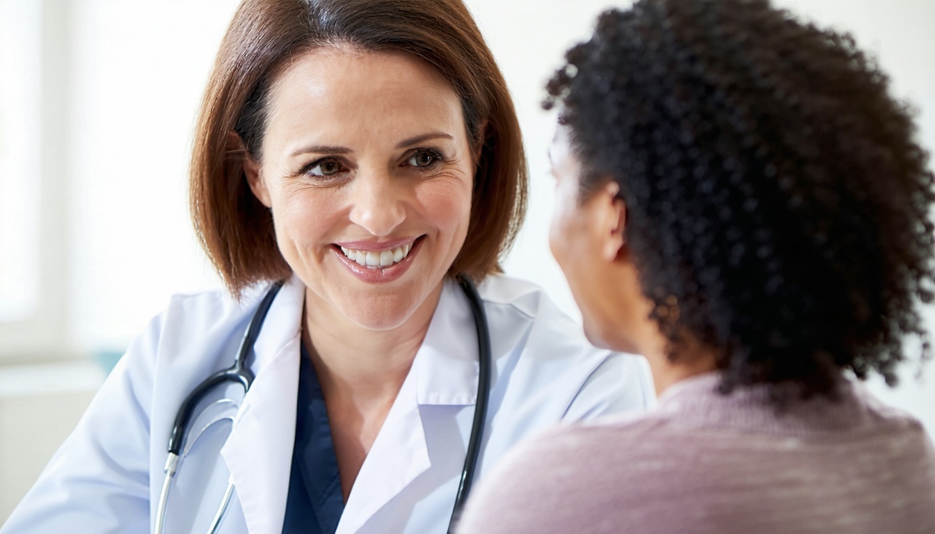 A compassionate healthcare provider consulting with a patient in a calm, supportive environment.