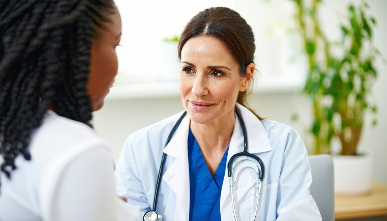 A compassionate healthcare provider discussing options with a patient in a calm and supportive environment.
