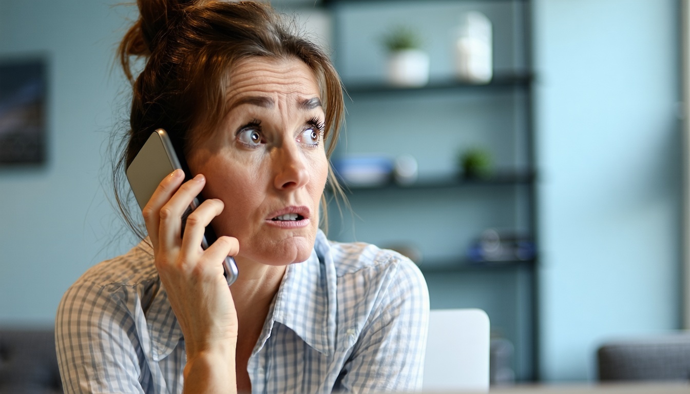 A concerned woman holding a phone, contemplating whether to call a doctor.