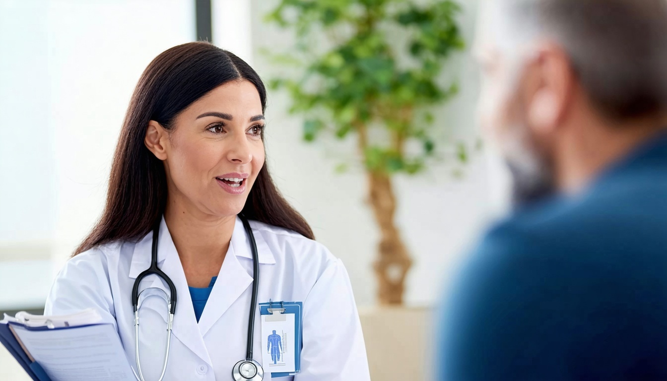 A healthcare professional discussing surgical abortion risks with a patient in a clinical setting.
