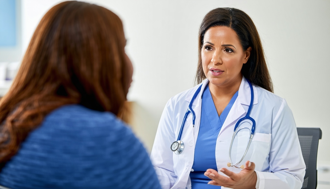 A medical professional discussing medical abortion options with a patient.