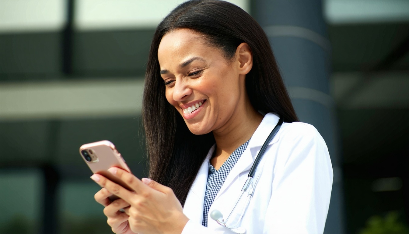 A woman looking relieved and checking her phone, symbolizing the confirmation of a successful medical abortion.