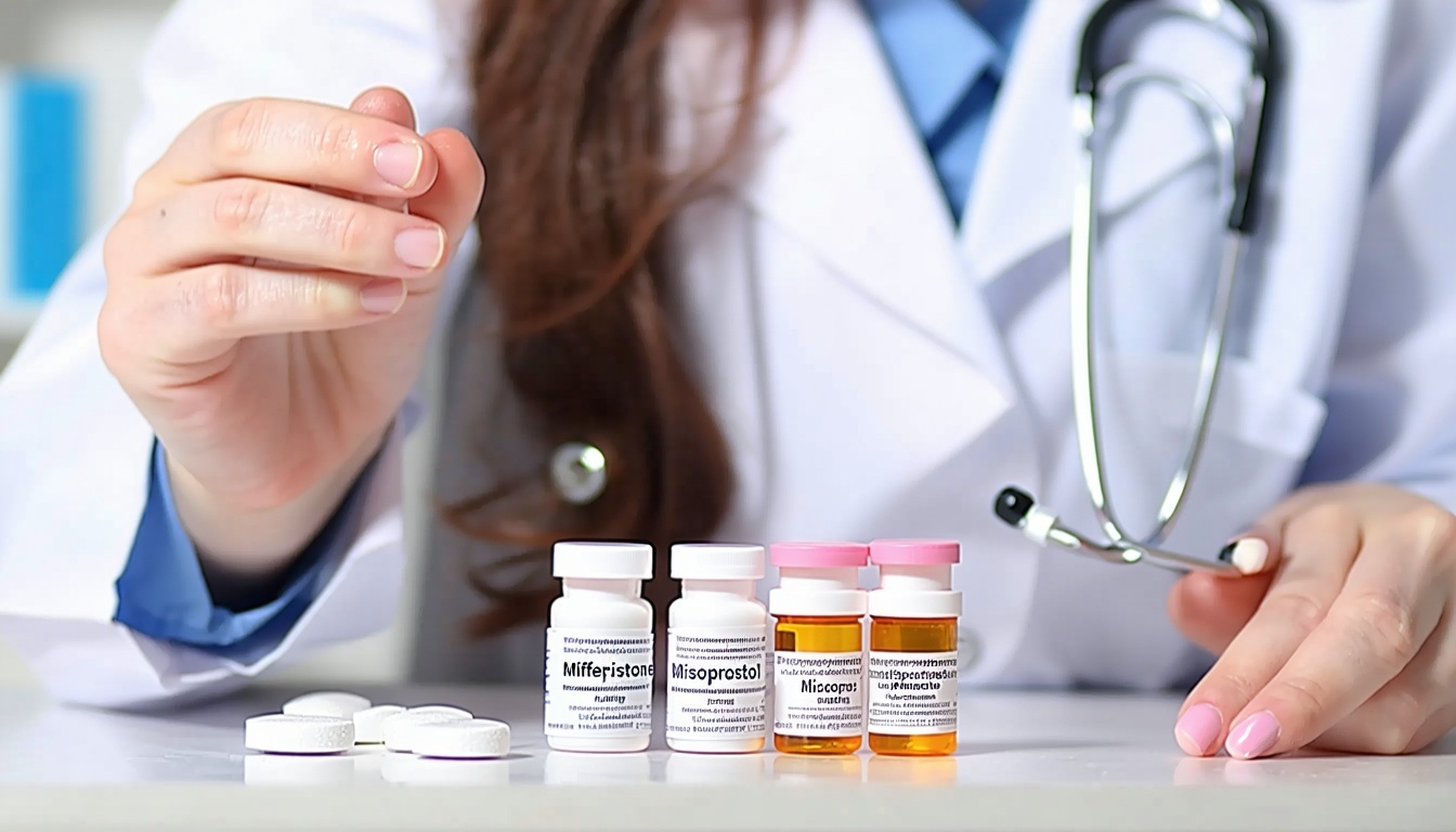 a healthcare professional explaining the use of Mifepristone and Misoprostol to a patient in a clinical setting.