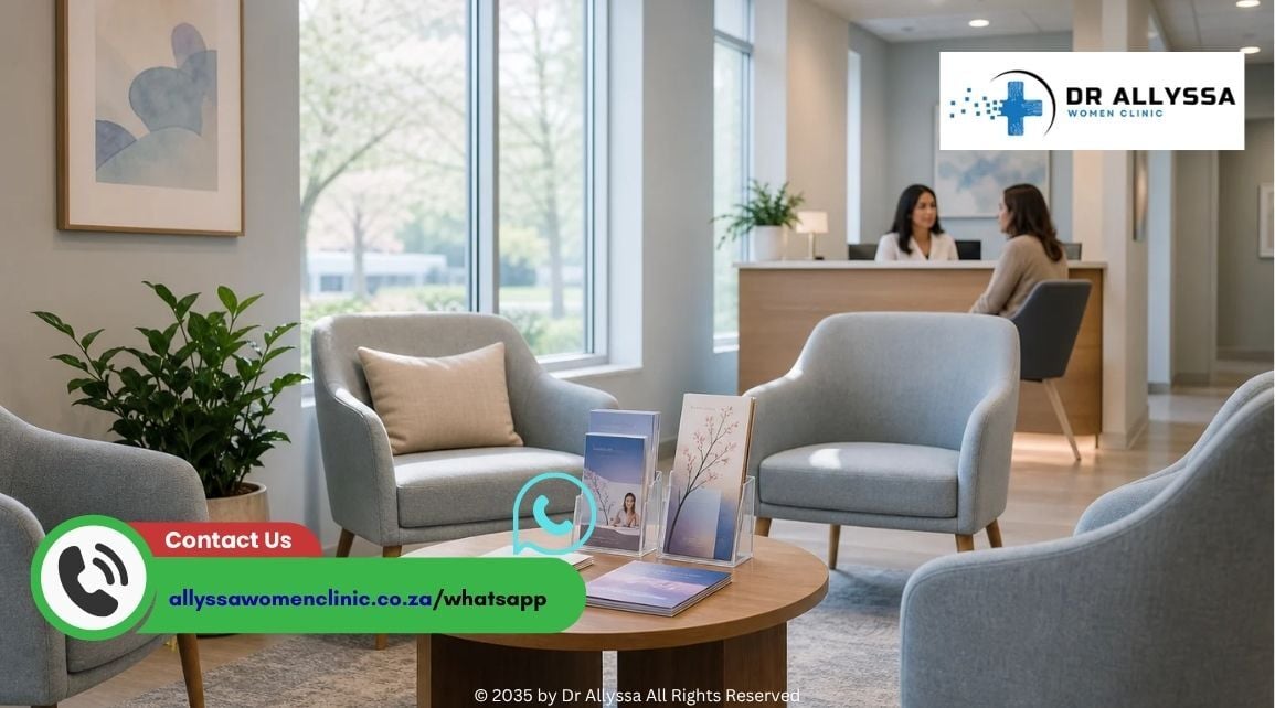 a serene clinic waiting room, softly illuminated by natural light filtering through large windows. The walls are painted in calming shades of light blue and white, adorned with tasteful artwork th